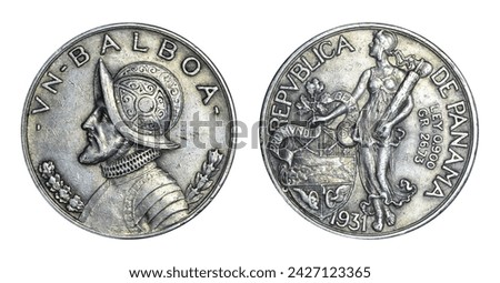 1-Balboa Panama coin with profile of Vasco Balboa on obverse and 1931 date, coat of arms, and female Liberty on reverse. Minted in USA and only in 1931, 1934, 1947. Same specs as US silver dollar. Royalty-Free Stock Photo #2427123365