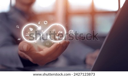 technology business data connection Businessman's hands hold online marketing icons for symbols of global network, metaverse, community.