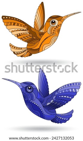 A set of illustrations in a stained glass style with Hummingbird birds isolated on a white background, tone blue and brown
