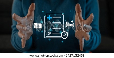 Health insurance concept, Human holding virtual insurance and healthcare medical icon, doctor, health and access to welfare health, hospital, medical health and life insurance business