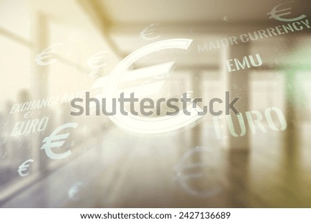 Virtual EURO symbols sketch on empty room interior background, strategy and forecast concept. Multiexposure