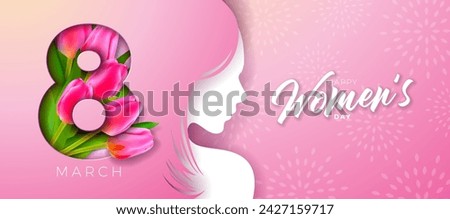 8 March International Women's Day Vector Illustration with Spring Colorful Tulip Flower and Young Woman Face Silhouette on Light Pink Background. Women or Mother Day Theme Template for Flyer, Greeting