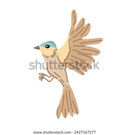 Spring bird flying. Vector cartoon illustration in childish style. Can used for greeting card, banner and poster, sticker. 
