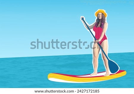 Composite collage image sketch summer activity. Woman sailing on a sup surfing board on the sea creative illustration