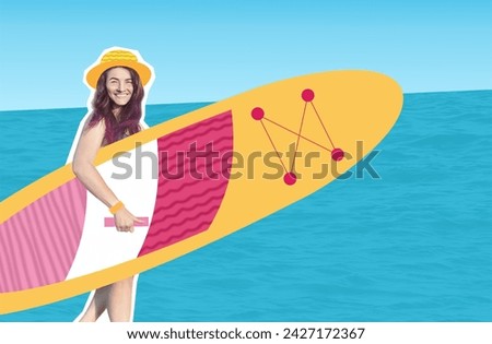 Composite collage image sketch summer activity. Woman carrying a sup surfing board on the sea creative illustration