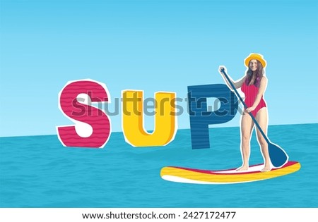 Composite collage image sketch summer activity concept. Woman sailing on a sup surfing board on the sea with inscription SUP. creative illustration