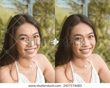 Before and after example of AI copyright or watermark remover tool erasing watermarks from a a stock photo of a young woman.