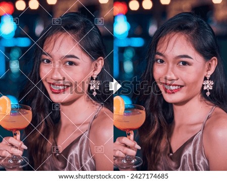 Before and after example of AI copyright or watermark remover tool erasing watermarks from a a stock photo of a young woman.