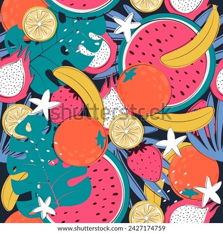 summer tropical seamless pattern with colorful exotic fruits  Royalty-Free Stock Photo #2427174759