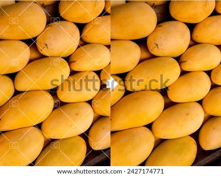 Before and after example of AI copyright or watermark remover tool erasing watermarks from a photo of mangoes.