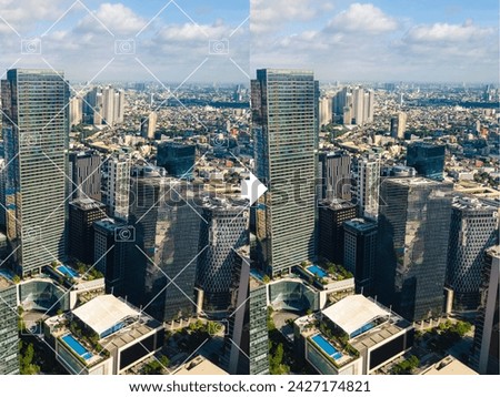 Before and after example of AI copyright or watermark remover tool erasing watermarks from a a stock photo of a city..