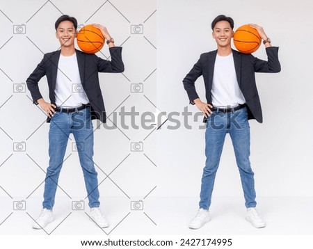 Before and after example of AI copyright or watermark remover tool erasing watermarks from a stock photo of a young man.