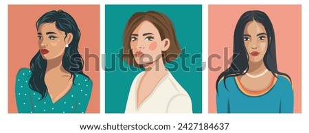 
Set of vector portraits of beautiful women of different cultures and ages. Diversity. Flat illustration. Avatar for social networks.