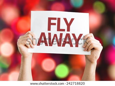 Fly Away card with colorful background with defocused lights