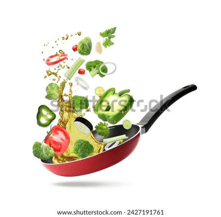 Different vegetables, oil, frying pan in air on white background Royalty-Free Stock Photo #2427191761