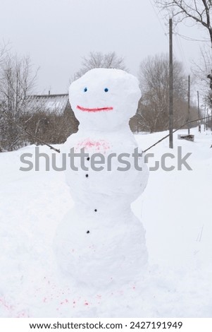 A joyful snowman made outside the city. Village landscape. Vertical photo of a snowman by the road