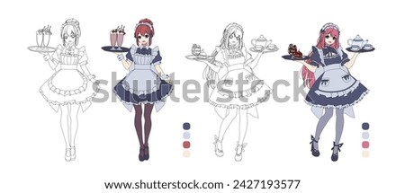 Anime girls working in maid cafe coloring book vector characters. Japanese women in special clothes serving desserts and drinks on white background Royalty-Free Stock Photo #2427193577