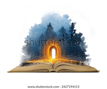 A magical fantasy design on the open book. Open book isolated on white background. Letters rising from the book open the door to an epic adventure. Reading a book as if in a dream. Photo manipulation.