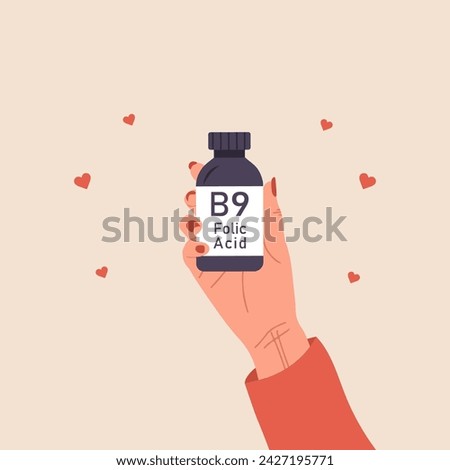 Folic acid. Female hand holding vitamin B9. Risk reducing. Woman taking vitamins for baby health. Supplements for pregnant. Vector illustration in flat cartoon style. Royalty-Free Stock Photo #2427195771
