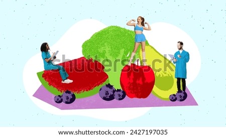 Contemporary art collage. Young, healthy and fit woman shows her muscles and strength standing on large hill of fruits and vegetables and doctors checking her. Healthy lifestyle and body care concept