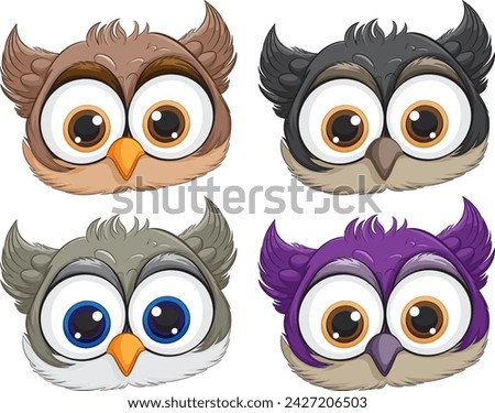 Four cute owls with different feather colors.