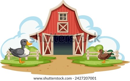 Two ducks near a barn with clouds in the background