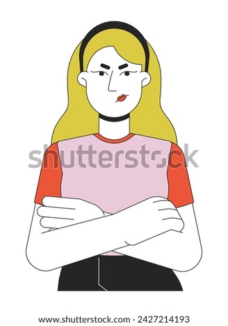 Frowning upset blonde woman arms folded 2D linear cartoon character. Displeased young adult female isolated line vector person white background. Gesture body language color flat spot illustration