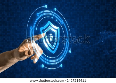 Close up of male hand using creative round safety hologram with polygonal mesh on blurry blue background. Secure antivirus, digital protection app concept
