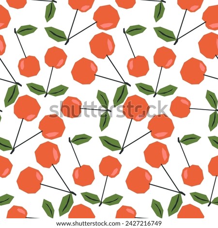 Seamless pattern with ripe red cherry on white. Applique style drawing. Background, wrapping paper.