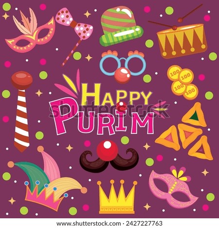 Set of clipart for Purim celebration on color background