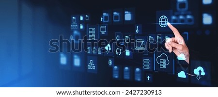 Woman finger touch virtual screen with big data exchange hologram, digital folders with files, cloud storage and transfer. Concept of server with global database and traffic