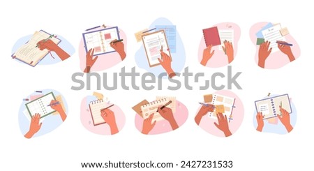 top view writing. Hand making note, holding pen and writing down goals planning and organization, office desktop view, Effective time management. vector cartoon concept graphics.