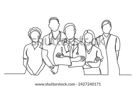 single continuous line drawing of doctors team. a group of young male and female doctors pose standing together.Medical healthcare service concept.