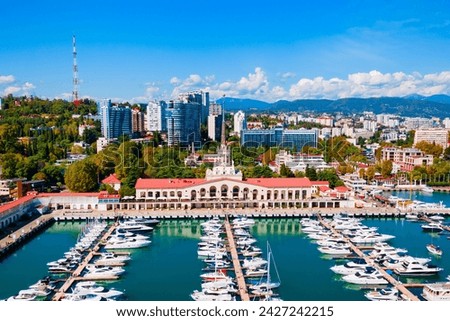Sochi port or marine passenger terminal aerial panoramic view in Sochi. Sochi is the resort city along the Black Sea in Russia. Royalty-Free Stock Photo #2427242215