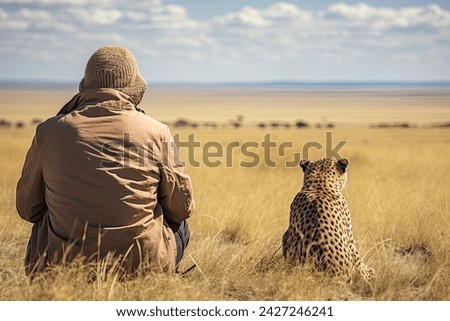 Cheetah sits on the back of a man in the savannah, rear view of Photographer taking picture of cheetah in Masai Mara, Kenya,