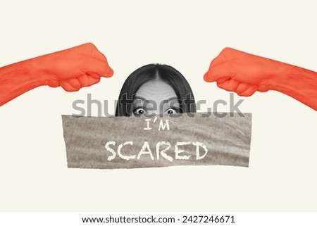 Creative collage picture illustration black white filter scared unhappy sadness young woman fist hands fight half empty white background