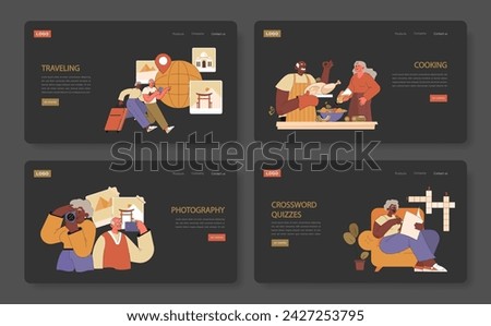 Retirees' Activities set. Illustrations vividly portraying seniors' zest for life through travel, culinary pursuits, photography, and mental challenges. Royalty-Free Stock Photo #2427253795