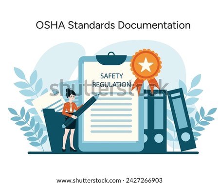 OSHA Standards Documentation vector. A professional ensuring rigorous safety regulation adherence, signified by certification. Essential for workplace compliance. Flat vector illustration Royalty-Free Stock Photo #2427266903