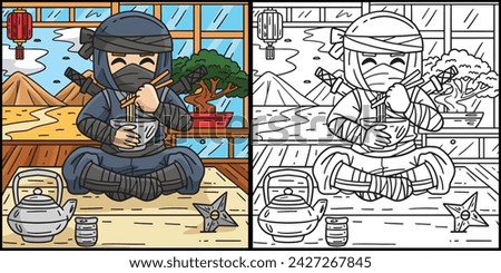 Ninja Eating Ramen Coloring Page Illustration