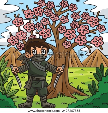 Ninja under the Sakura Tree Colored Cartoon 