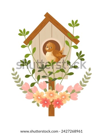 Cute birdhouse with birds, decorated with flowers and leaves. Spring clip art in flat cartoon style. Spring holiday illustration. Vector