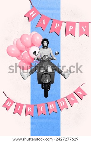Vertical creative collage picture young amazed girl driving scooter deliver balloons happy birthday party event drawing background
