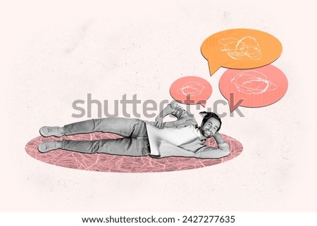 Horizontal creative photo collage image of peaceful black white colors young man lying on floor relax message bubbles conversation