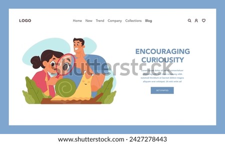 Curiosity in youth concept. Little girl and father exploring snail in wild with magnifying glass. Discovering world and nature wonders. Supporting child thirst for knowledge. Flat vector illustration Royalty-Free Stock Photo #2427278443