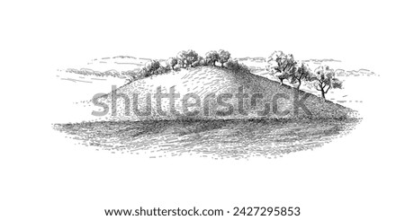 Green grass field on small hills. Meadow, alkali, lye, grassland, pommel, lea, pasturage, farm. Rural scenery landscape panorama of countryside pastures. Vector vintage sketch illustration Royalty-Free Stock Photo #2427295853
