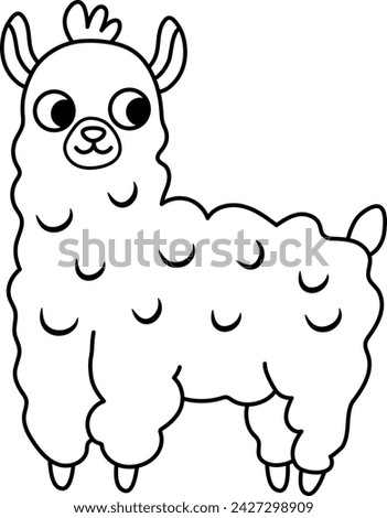 Vector black and white llama illustration for children. Cute line animal character for kids. Cartoon alpaca icon or coloring page
