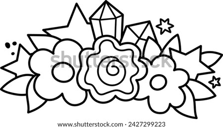 Vector black and white composition with flowers, leaves, stars, diamonds. Unicorn line treasure concept. Floral outline fantasy world decoration for cards or coloring page
