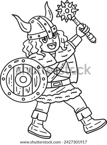 Viking with Mace and Shield Isolated Coloring Page