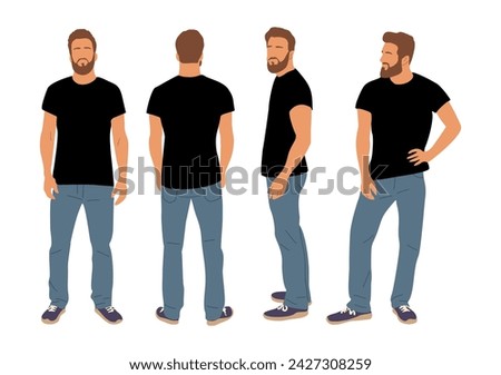 Casual man character standing in different poses front, rear, side view. Handsome bearded guy in black t-shirt, blue jeans, sneakers. Set of vector realistic illustrations isolated on white background Royalty-Free Stock Photo #2427308259
