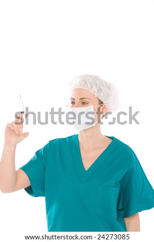 surgery rooms nurse isolated on white background,preparing syringe